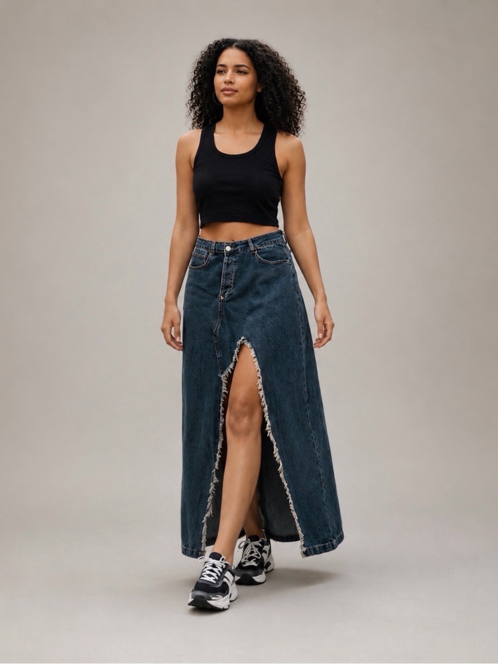 Distressed Vintage Denim Maxi Skirt High Slit Raw Edge  Festival Boho Large
